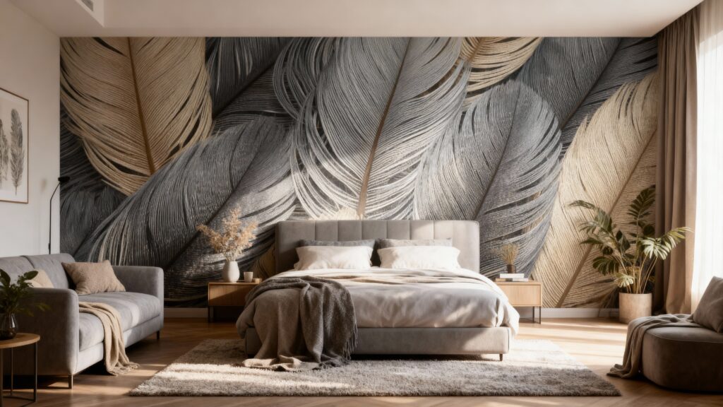 Groot fotobehang met gedetailleerde zachte veren in grijze en gouden tinten in een moderne, luxe slaapkamer.