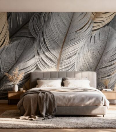 Groot fotobehang met gedetailleerde zachte veren in grijze en gouden tinten in een moderne, luxe slaapkamer.