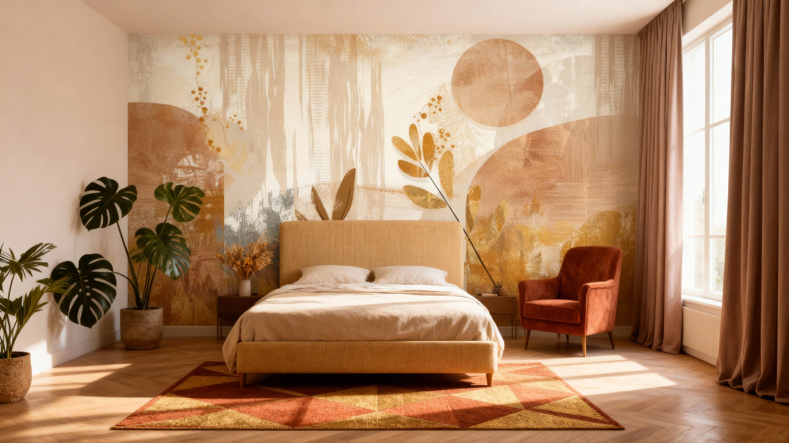 bedroom-mural-Seedream4K-2026-01-21-23-44-51-fc0c1ddc-scaled-1.jpg Exclusief Botanisch Behang in Warme Kleuren - Afbeelding 1