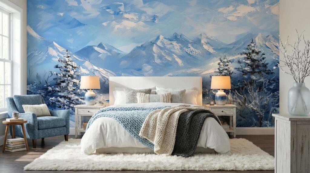 Artistiek fotobehang van een besneeuwd berglandschap in blauwe en witte verfstreken in een moderne slaapkamer.