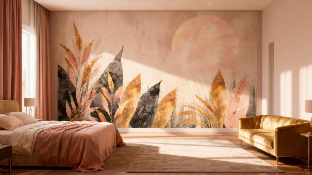 Abstract fotobehang met grote bladeren in goud en zwart tegen een terracotta achtergrond met een roze zon in een luxe slaapkamer.