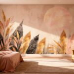 Abstract fotobehang met grote bladeren in goud en zwart tegen een terracotta achtergrond met een roze zon in een luxe slaapkamer.