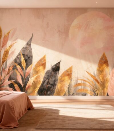 Abstract fotobehang met grote bladeren in goud en zwart tegen een terracotta achtergrond met een roze zon in een luxe slaapkamer.