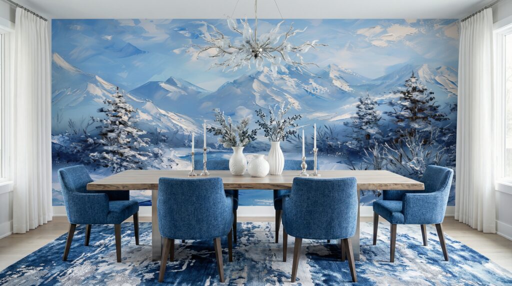 Artistiek fotobehang van een besneeuwd berglandschap in verschillende tinten blauw en wit met een geschilderde textuur.